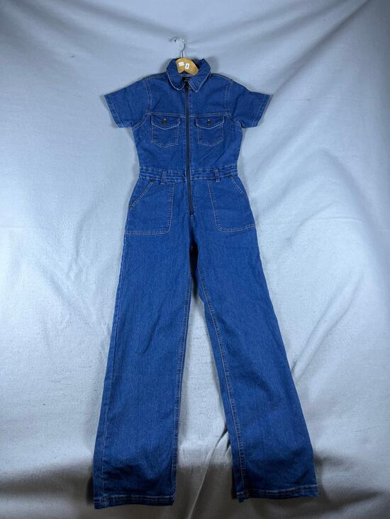 bebe Pants - Bebe Jumpsuit Womens S Blue Short Sleeve Flare Leg Zip Up Front Denim Y2K Retro